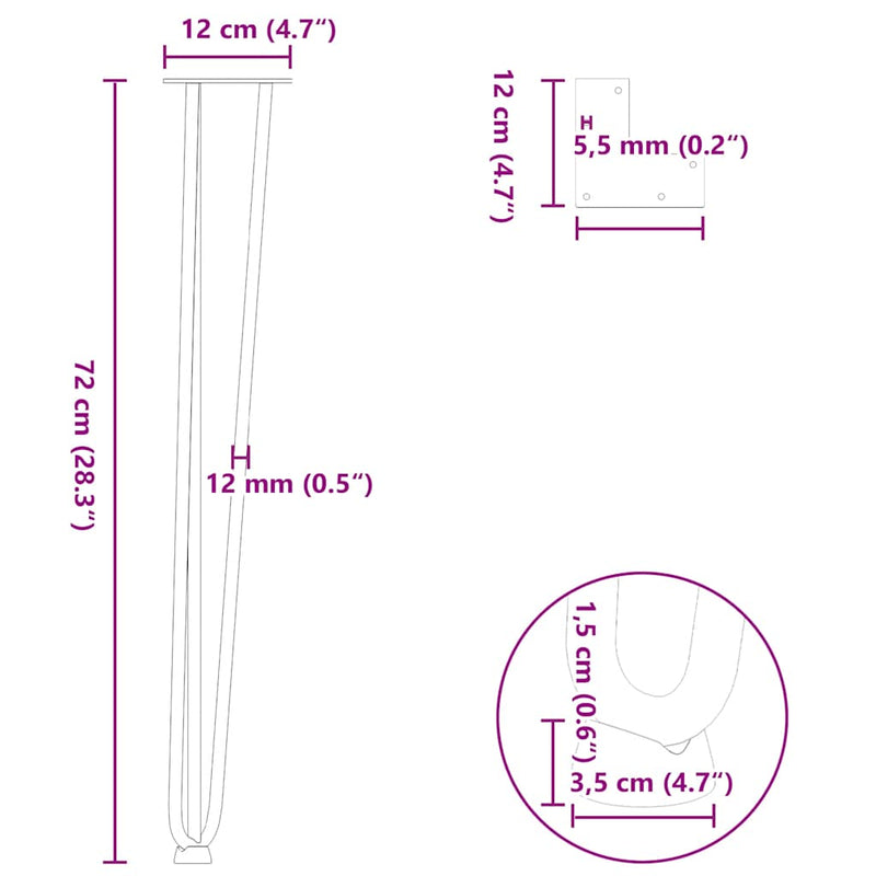 vidaXL 4 db-os hajtűlábak konzolasztalhoz, 72 cm, tömör acél, fekete