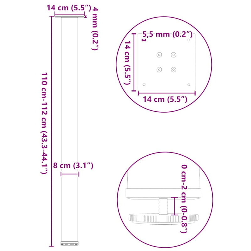 vidaXL 4 db fekete acél bárasztalláb 110-112 cm