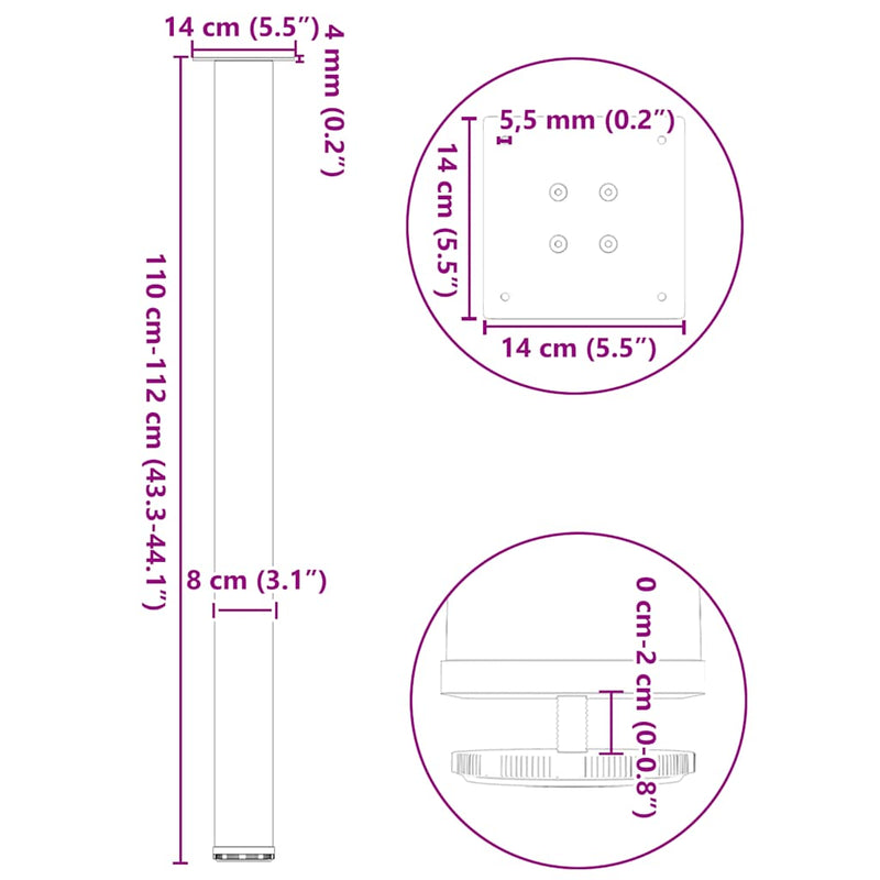vidaXL 4 db natúr acél bárasztalláb 110-112 cm