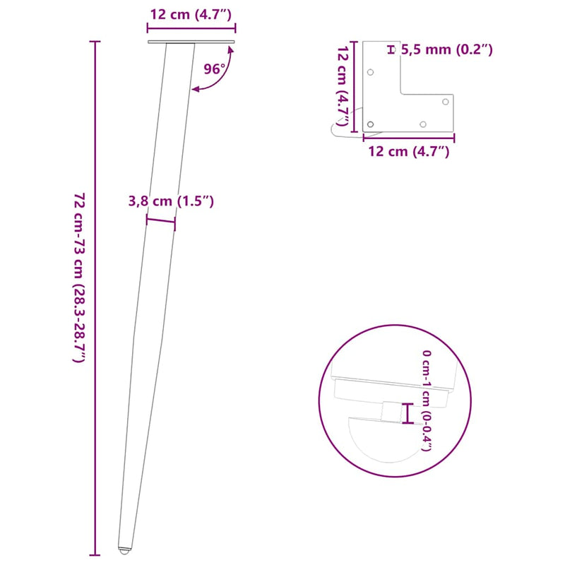 vidaXL 4 db antracitszürke kúpos alakú acél konzolasztal láb 72-73 cm