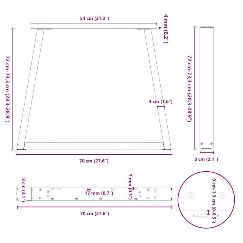vidaXL 3 db V-alakú natúr acél étkezőasztal láb 70 x (72-73,3) cm acél