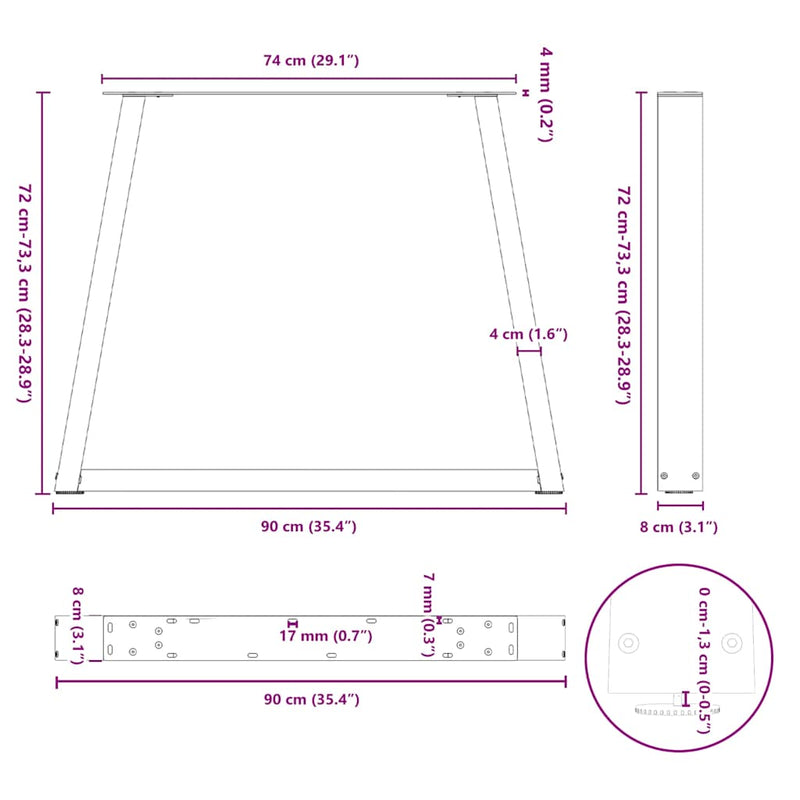 vidaXL 3 db antracitszürke, V-alakú acél étkezőasztalláb 90 x (72-73,3) cm