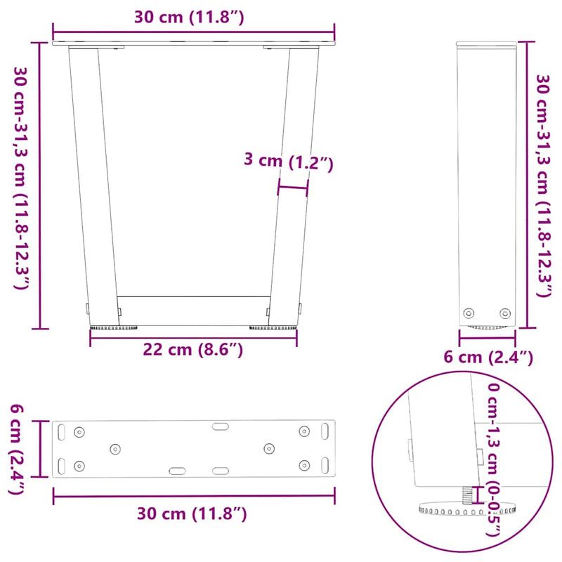 vidaXL 2 db fekete, V-alakú acél dohányzóasztal láb 30 x (30-31,3) cm