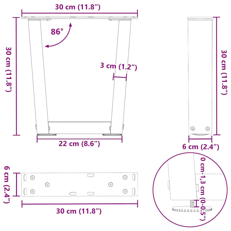 vidaXL 2 db V-alakú natúr acél dohányzóasztal láb 30x(30-31,3) cm