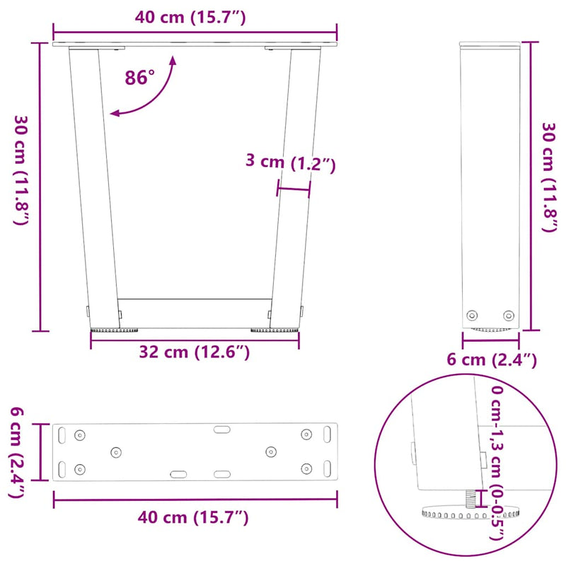 vidaXL 2 db V-alakú natúr acél dohányzóasztal láb 40 x (30-31,3) cm
