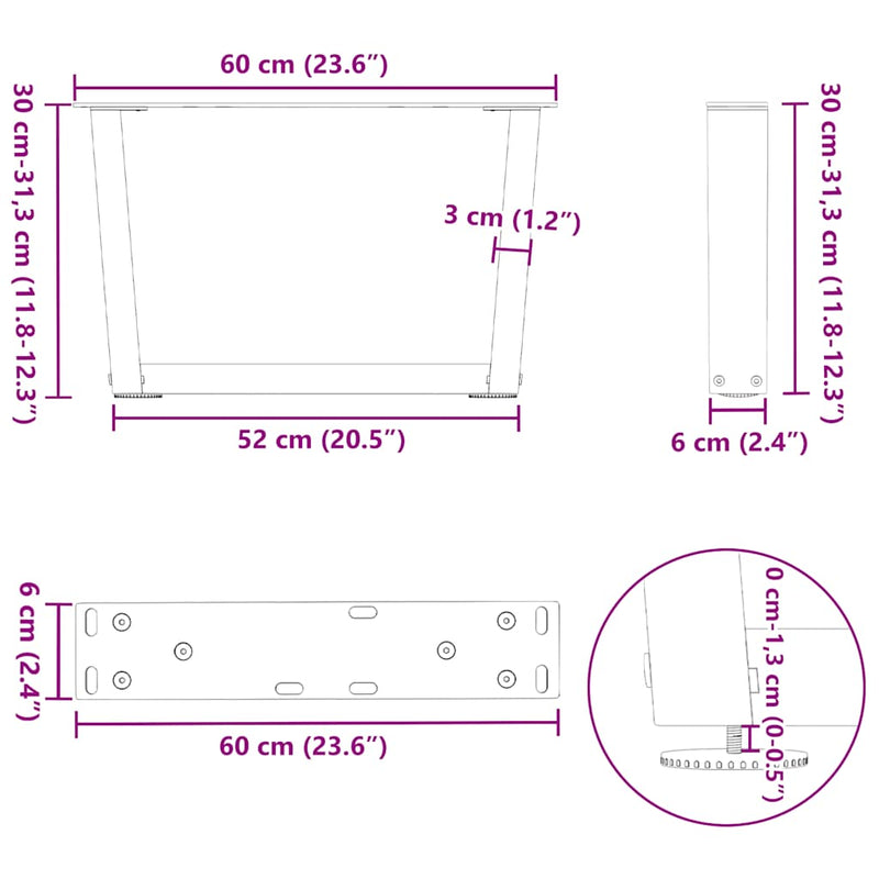 vidaXL 2 db fekete, V-alakú acél dohányzóasztal láb 60 x (30-31,3) cm