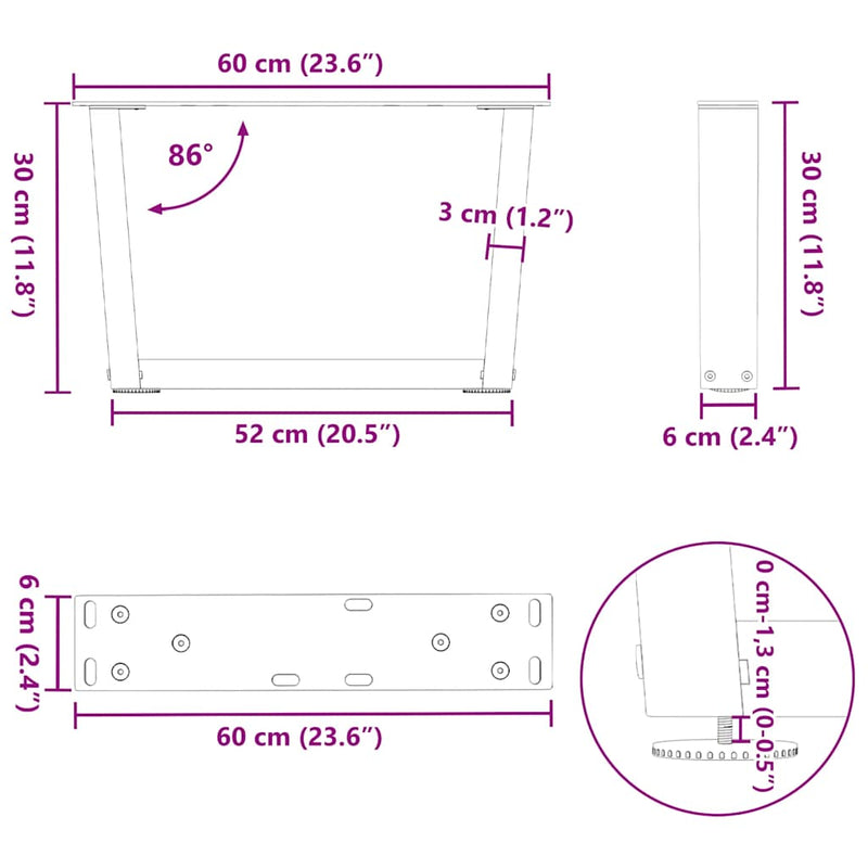 vidaXL 2 db antracitszürke, V-alakú acél dohányzóasztal láb 60 x (30-31,3) cm