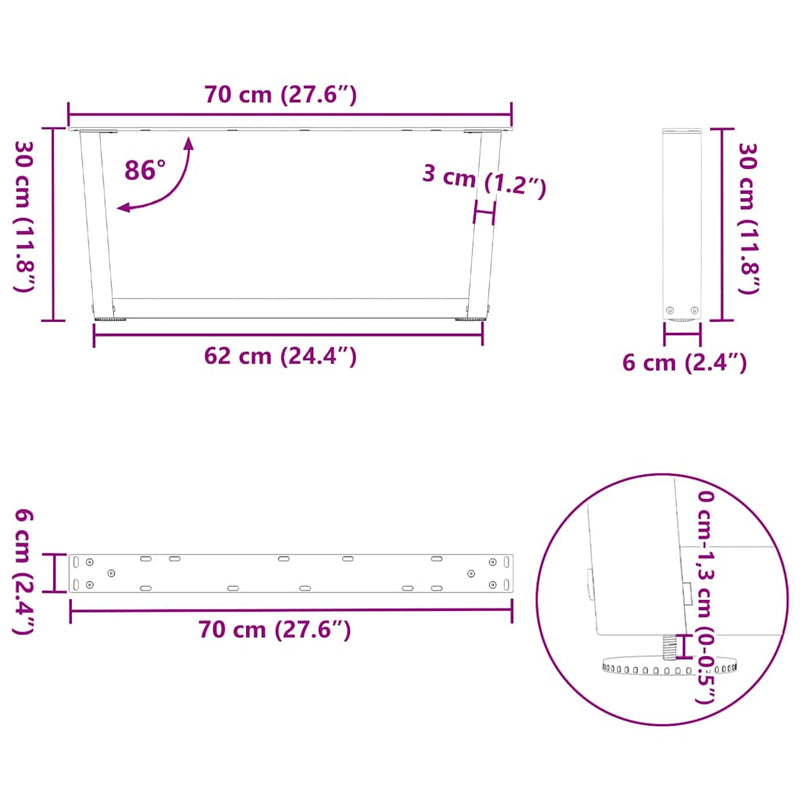 vidaXL 2 db fekete, V-alakú acél dohányzóasztal láb 70 x (30-31,3) cm