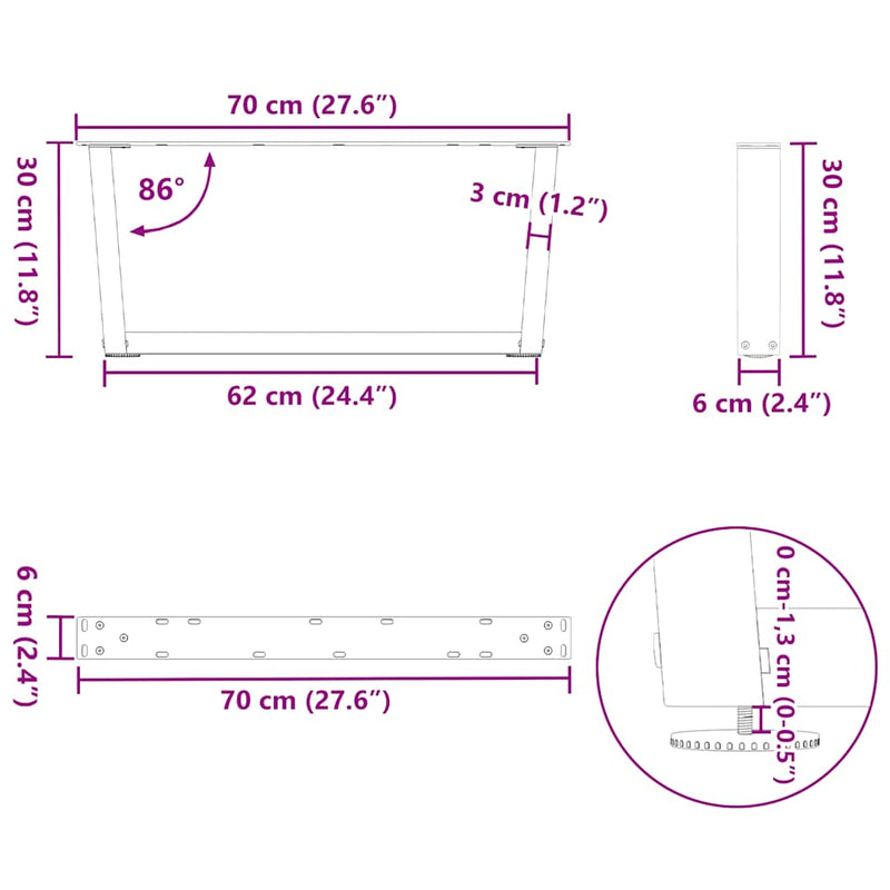 vidaXL 2 db antracitszürke, V-alakú acél dohányzóasztal láb 70 x (30-31,3) cm
