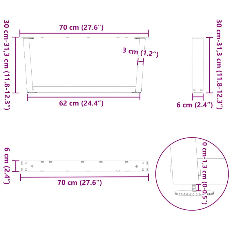 vidaXL 2 db V-alakú natúr acél dohányzóasztal láb 70 x (30-31,3) cm