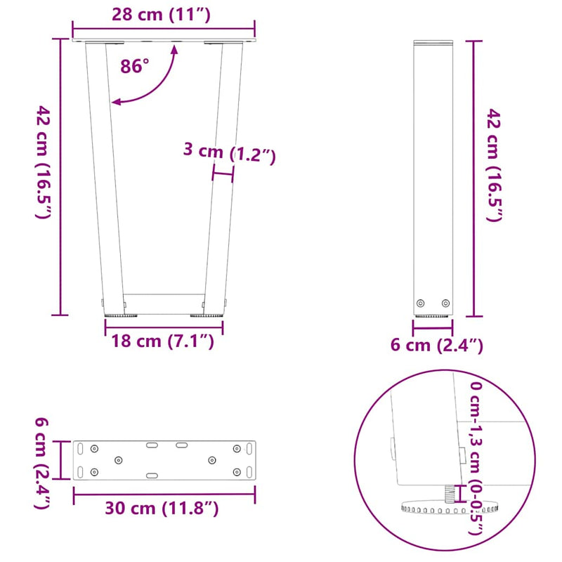 vidaXL 2 db fehér, V-alakú acél dohányzóasztal láb 28 x (42-43,3) cm