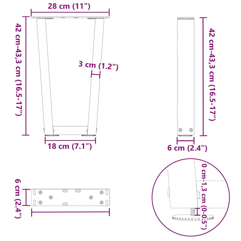 vidaXL 2 db antracitszürke, V-alakú acél dohányzóasztal láb 28 x (42-43,3) cm