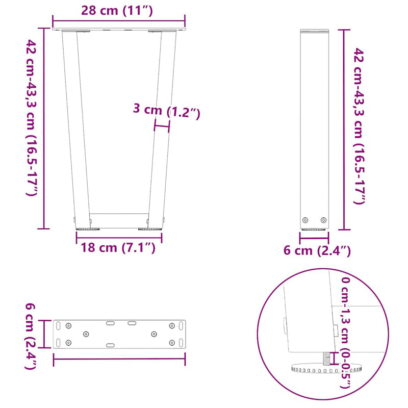 vidaXL 2 db V-alakú natúr acél dohányzóasztal láb 28 x (42-43,3) cm