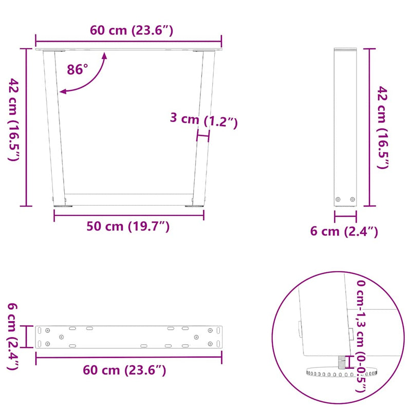 vidaXL 2 db fehér, V-alakú acél dohányzóasztal láb 60 x (42-43,3) cm