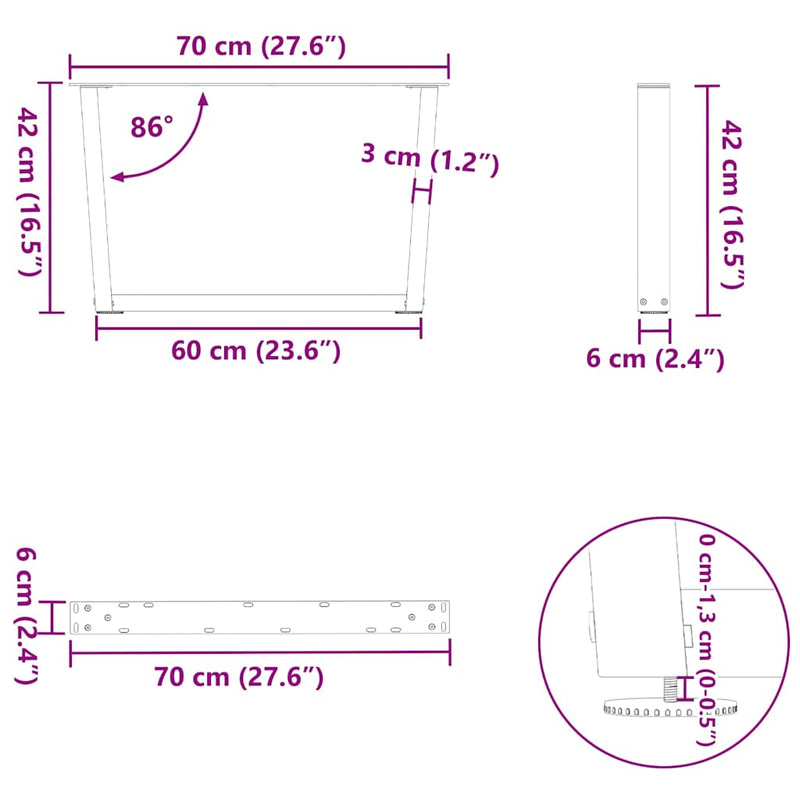 vidaXL 2 db antracitszürke, V-alakú acél dohányzóasztal láb 70 x (42-43,3) cm
