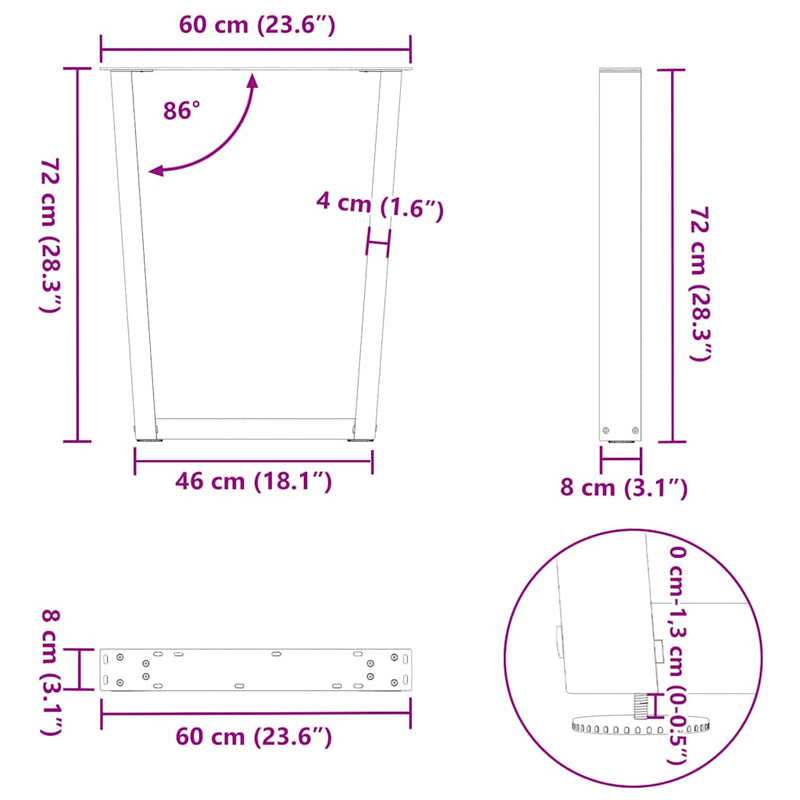 vidaXL 2 db fekete, V-alakú acél étkezőasztal láb 60 x (72-73,3) cm