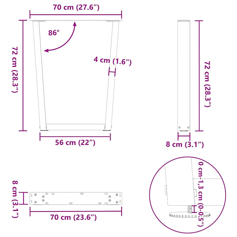 vidaXL 2 db fekete, V-alakú acél étkezőasztal láb 70 x (72-73,3) cm