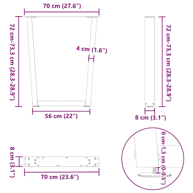 vidaXL 2 db V-alakú natúr acél étkezőasztal láb 70 x (72-73,3) cm acél