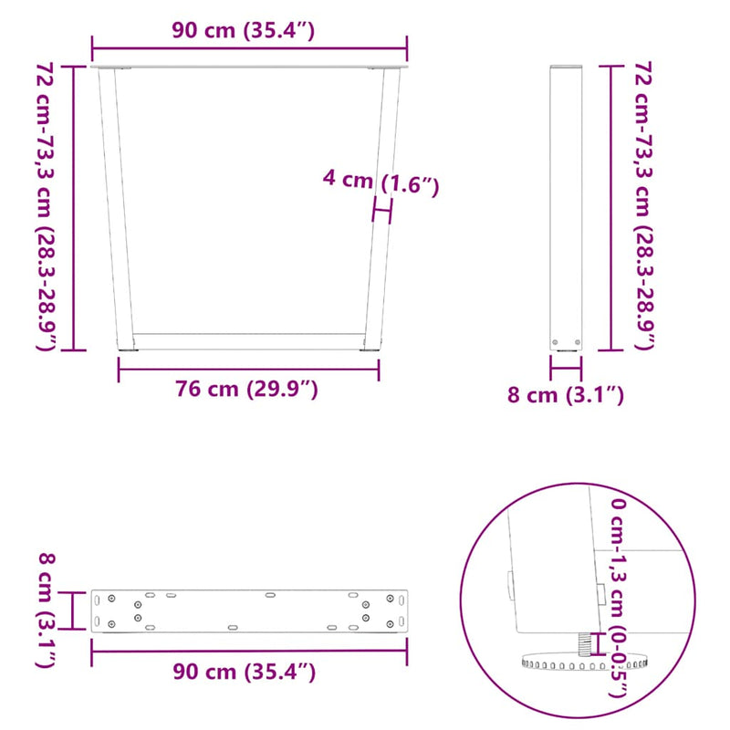 vidaXL 2 db antracitszürke, V-alakú acél étkezőasztal láb 90 x (72-73,3) cm