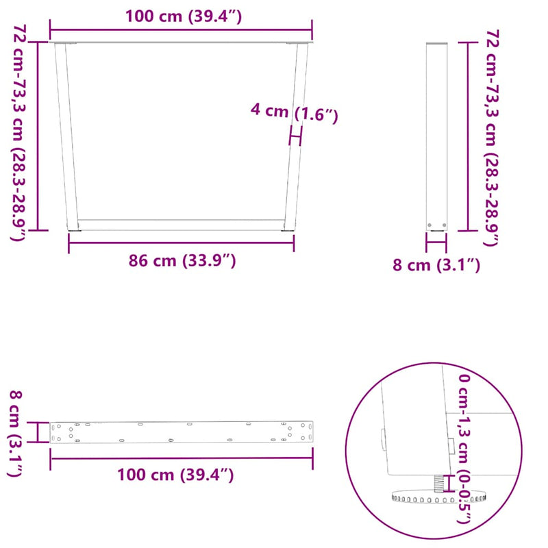 vidaXL 2 db V-alakú étkezőasztal láb natúr acél 100 x (72-73,3) cm acél