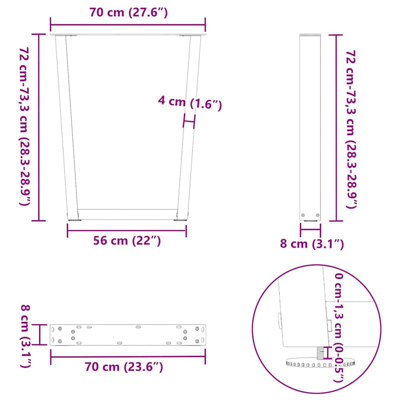 vidaXL 3 db V-alakú étkezőasztal láb fekete 70 x (72-73,3) cm acél étkezőasztal láb
