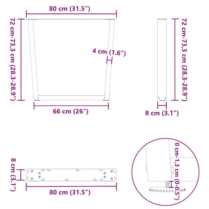 vidaXL 3 db V-alakú étkezőasztal láb fekete 80 x (72-73,3) cm acél étkezőasztal láb