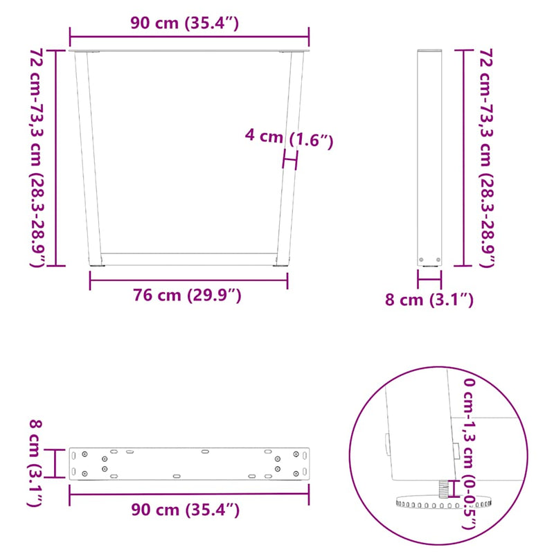 vidaXL 3 db fehér, V-alakú étkezőasztal láb 90 x (72-73,3) cm acél étkezőasztal láb