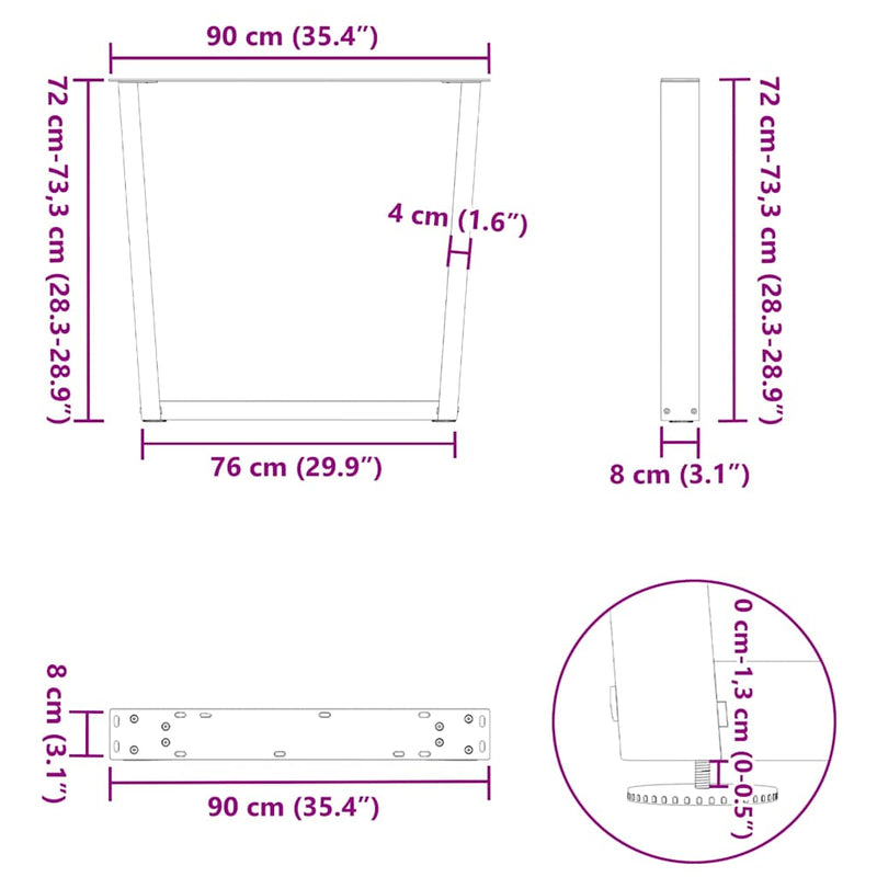 vidaXL 3 db antracitszürke, V-alakú acél étkezőasztalláb 90 x (72-73,3) cm