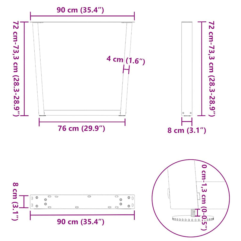 vidaXL 3 db V-alakú natúr acél étkezőasztal láb 90 x (72-73,3) cm acél