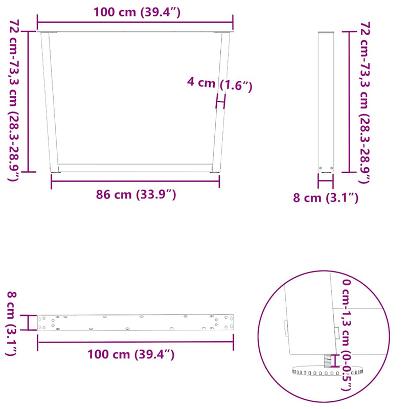 vidaXL 3 db V-alakú natúr acél étkezőasztal láb 100 x (72-73,3) cm acél