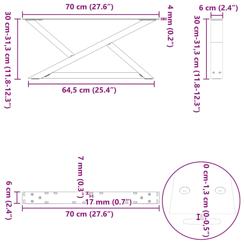 vidaXL 2 db fekete acél dohányzóasztal láb 70 x (30-31,3) cm