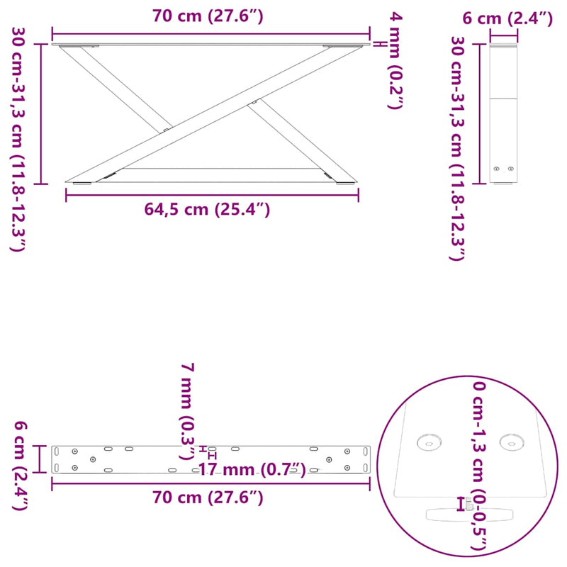 vidaXL 2 db natúr acél dohányzóasztal láb 70 x (30-31,3) cm acél