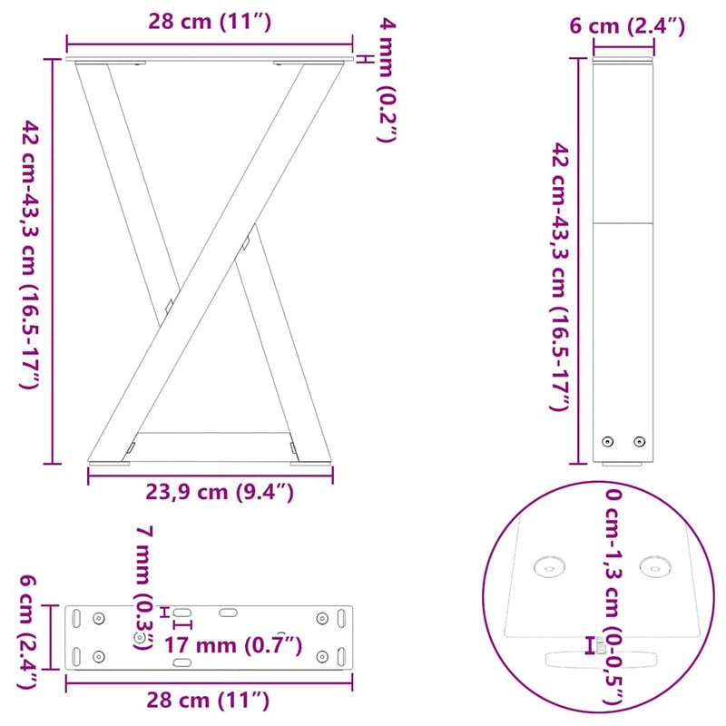vidaXL 2 db natúr acél dohányzóasztal láb 28 x (42-43,3) cm acél