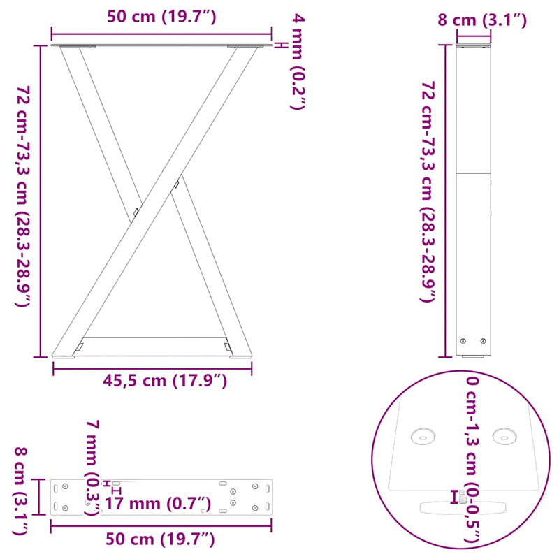 vidaXL 2 db fekete acél étkezőasztal láb 50 x (72-73,3) cm