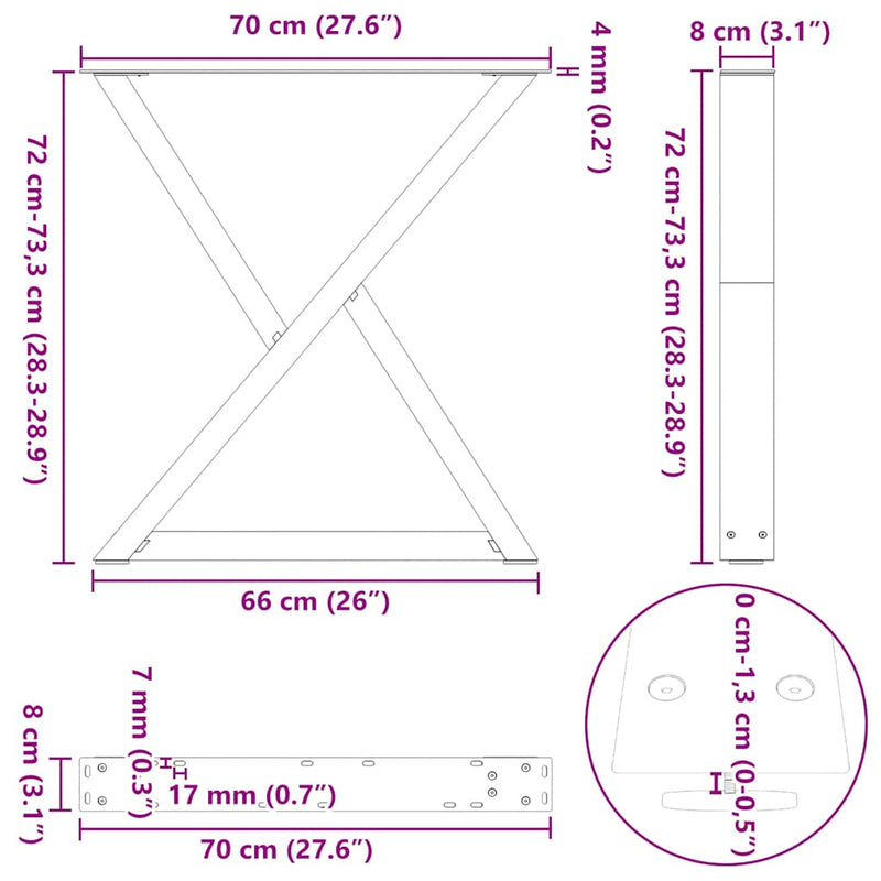 vidaXL 2 db natúr acél étkezőasztal láb 70 x (72-73,3) cm acél