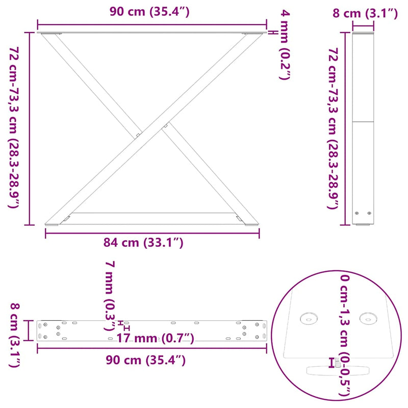 vidaXL 2 db fekete acél étkezőasztal láb 90 x (72-73,3) cm