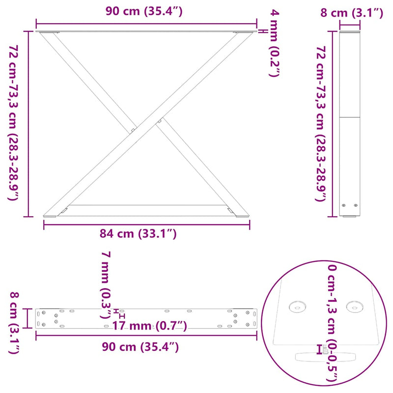 vidaXL 2 db natúr acél étkezőasztal láb 90 x (72-73,3) cm acél