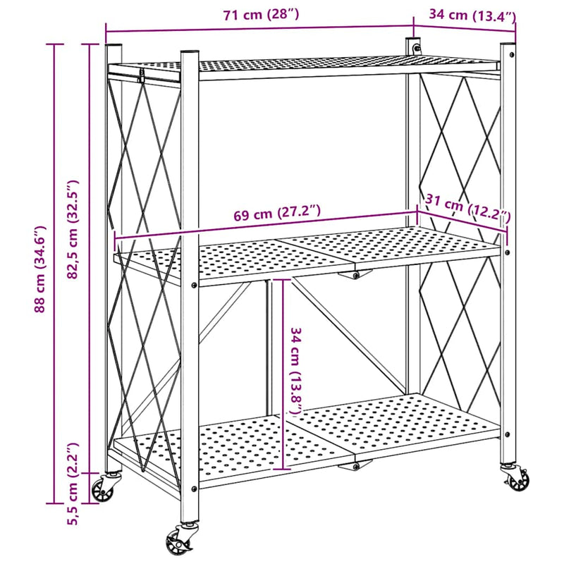 vidaXL tárolópolc kerekeken fekete 71x34x88 cm acél