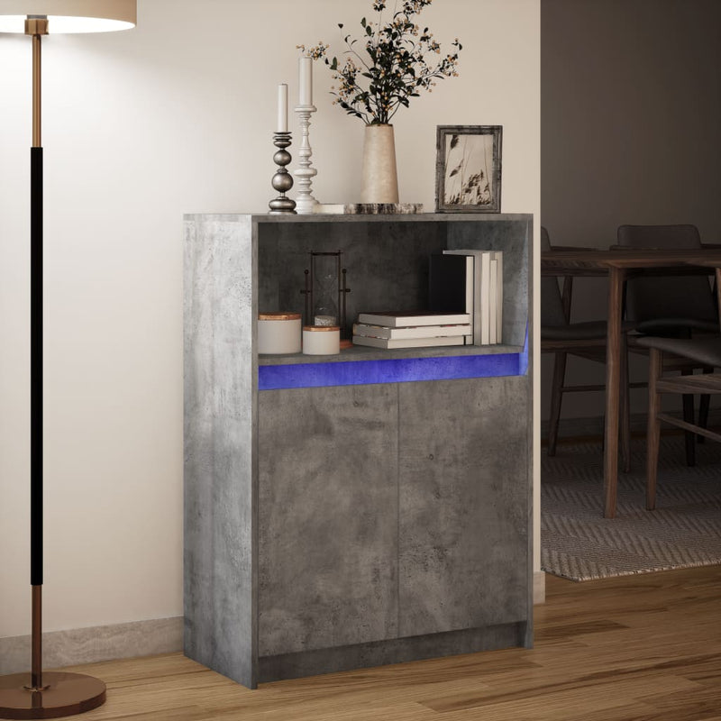 vidaXL betonszürke szerelt fa tálalószekrény LED-del 72x34x100 cm