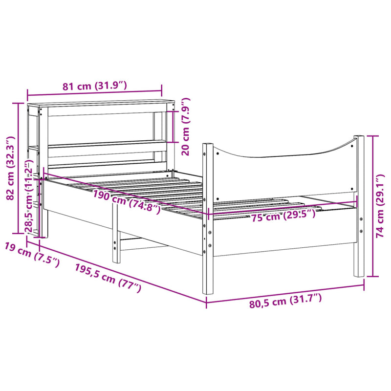 vidaXL tömör fenyőfa ágykeret fejtámlával 75 x 190 cm