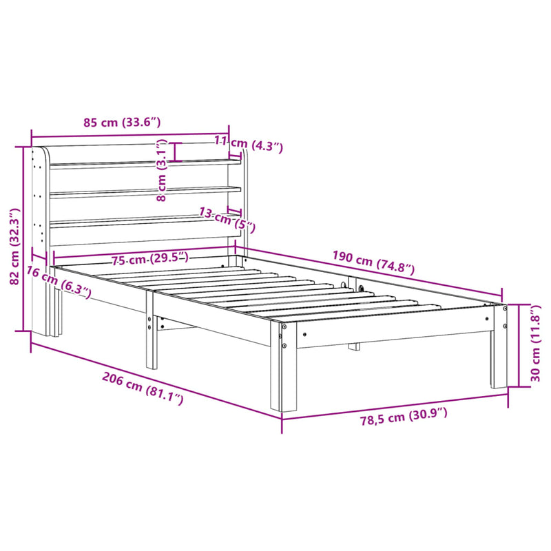 vidaXL tömör fenyőfa ágykeret fejtámlával 75 x 190 cm