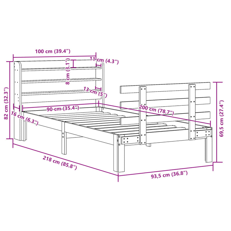 vidaXL tömör fenyőfa ágykeret fejtámlával 90 x 200 cm