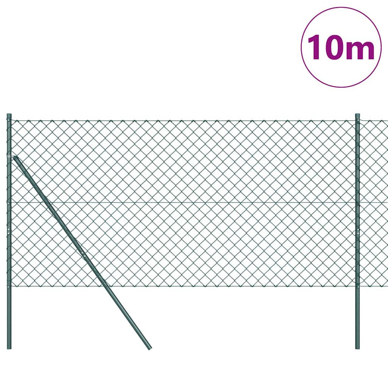 vidaXL Lánckerítés oszlopokkal Zöld 1.5 x 10 m Acél