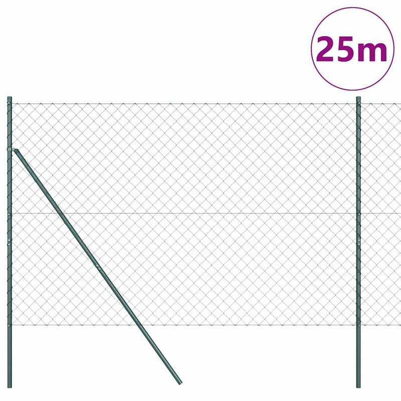 vidaXL Lánckerítés oszlopokkal Zöld 1.5 x 25 m Acél