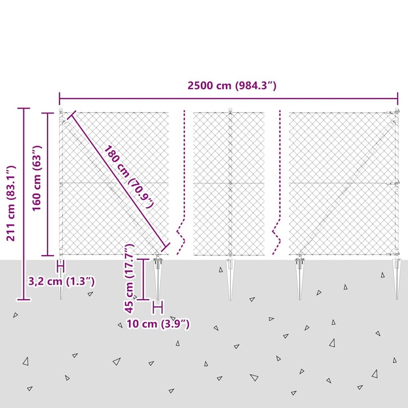 vidaXL Lánckerítés oszlopokkal Szürke 1.6 x 25 m Acél