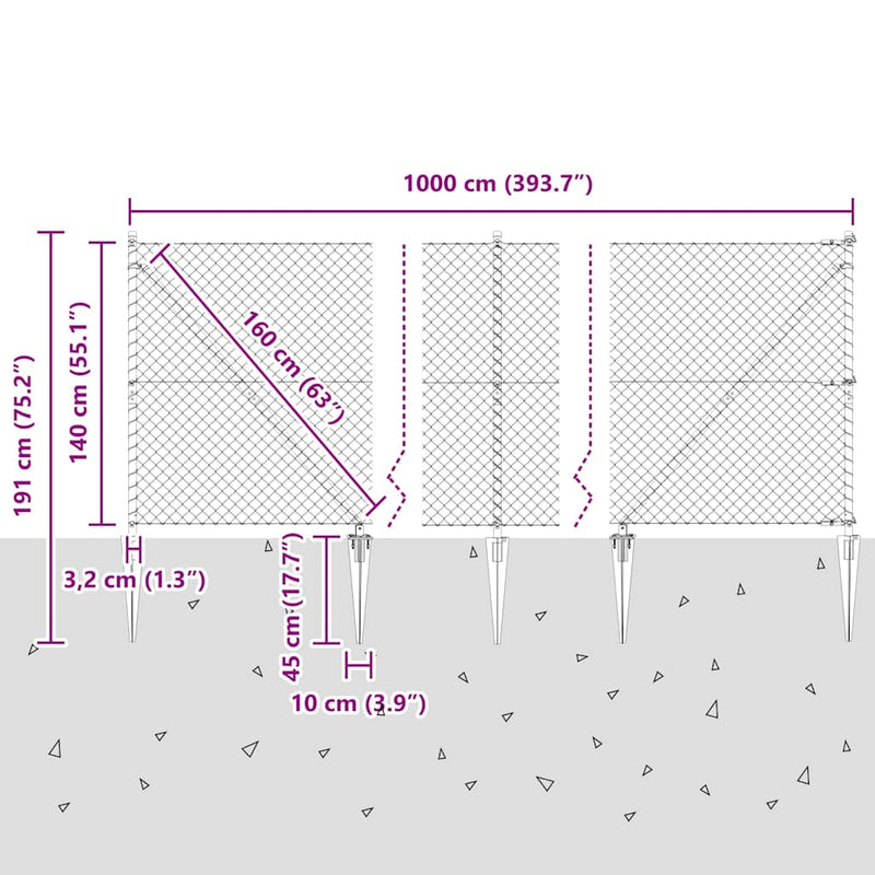 vidaXL Lánckerítés oszlopokkal Ezüst 1.4 x 10 m Acél