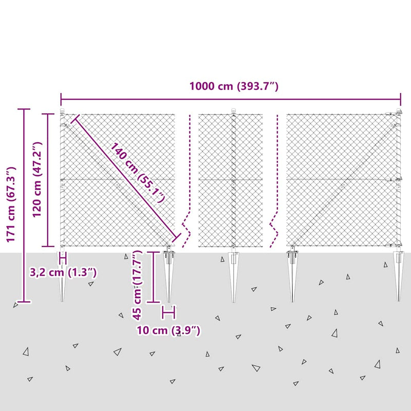 vidaXL Lánckerítés oszlopokkal Ezüst 1.2 x 10 m Acél