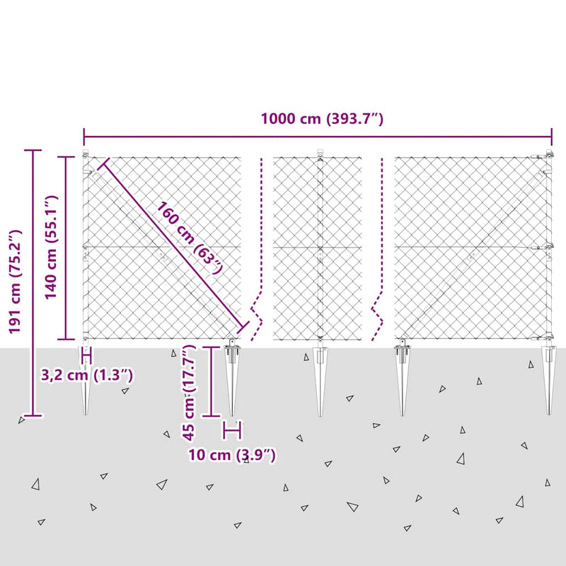 vidaXL Lánckerítés oszlopokkal Ezüst 1.4 x 10 m Acél
