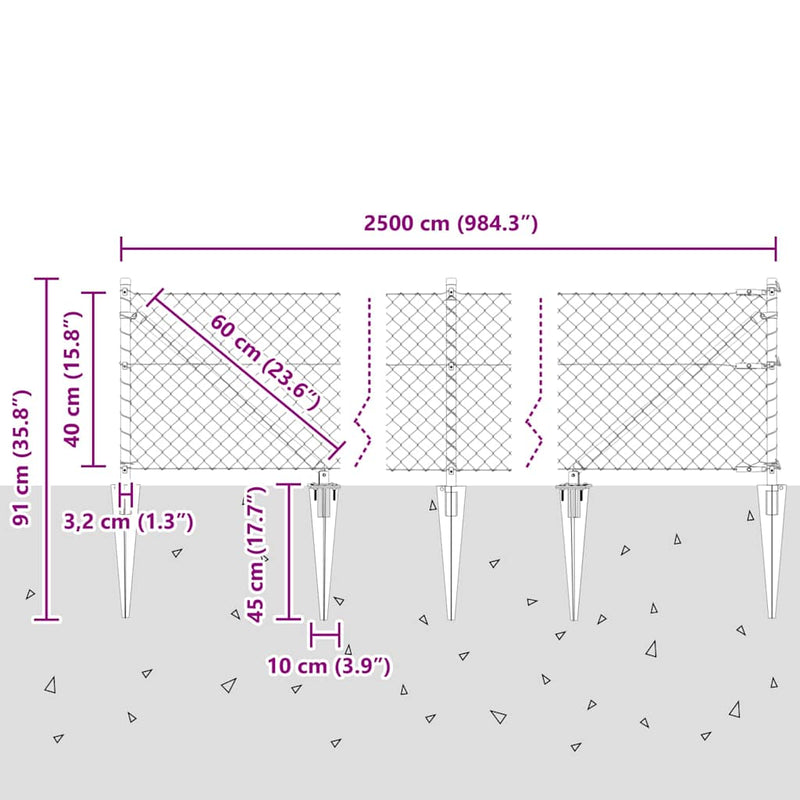 vidaXL Lánckerítés oszlopokkal Ezüst 0,4 x 25 m Acél