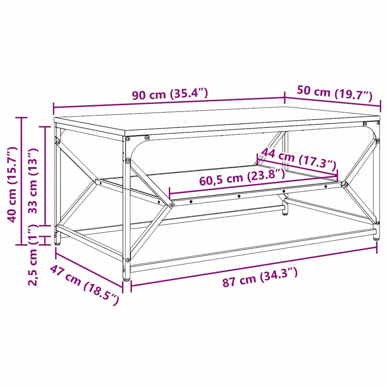 vidaXL Dohányzóasztal Fekete tölgy 90 x 50 x 40 cm Műszaki fa és acél
